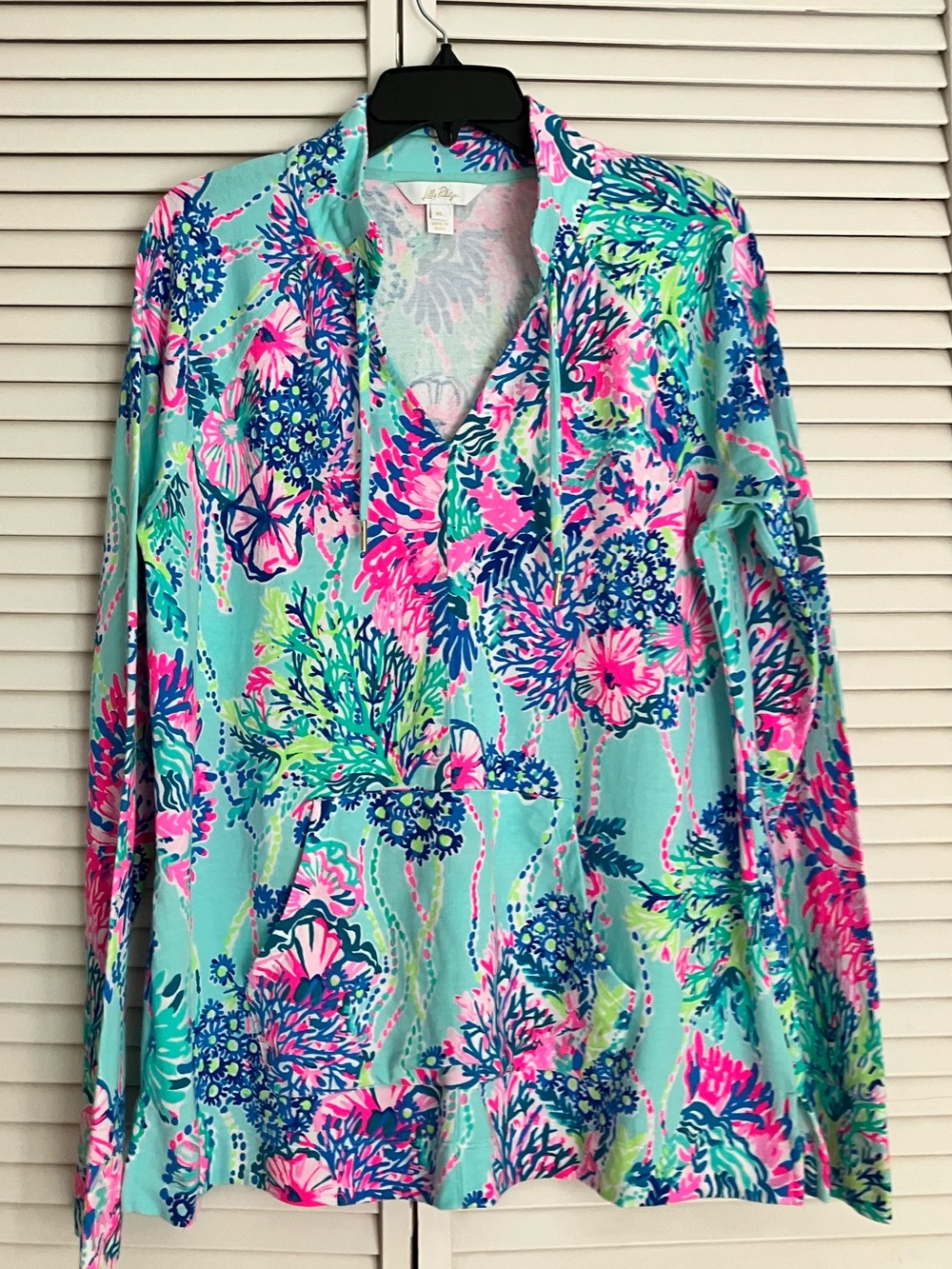 NWT Lilly Pulitzer Cassie Popover Aqua, Pink and Green Printed Hoodie Tunic